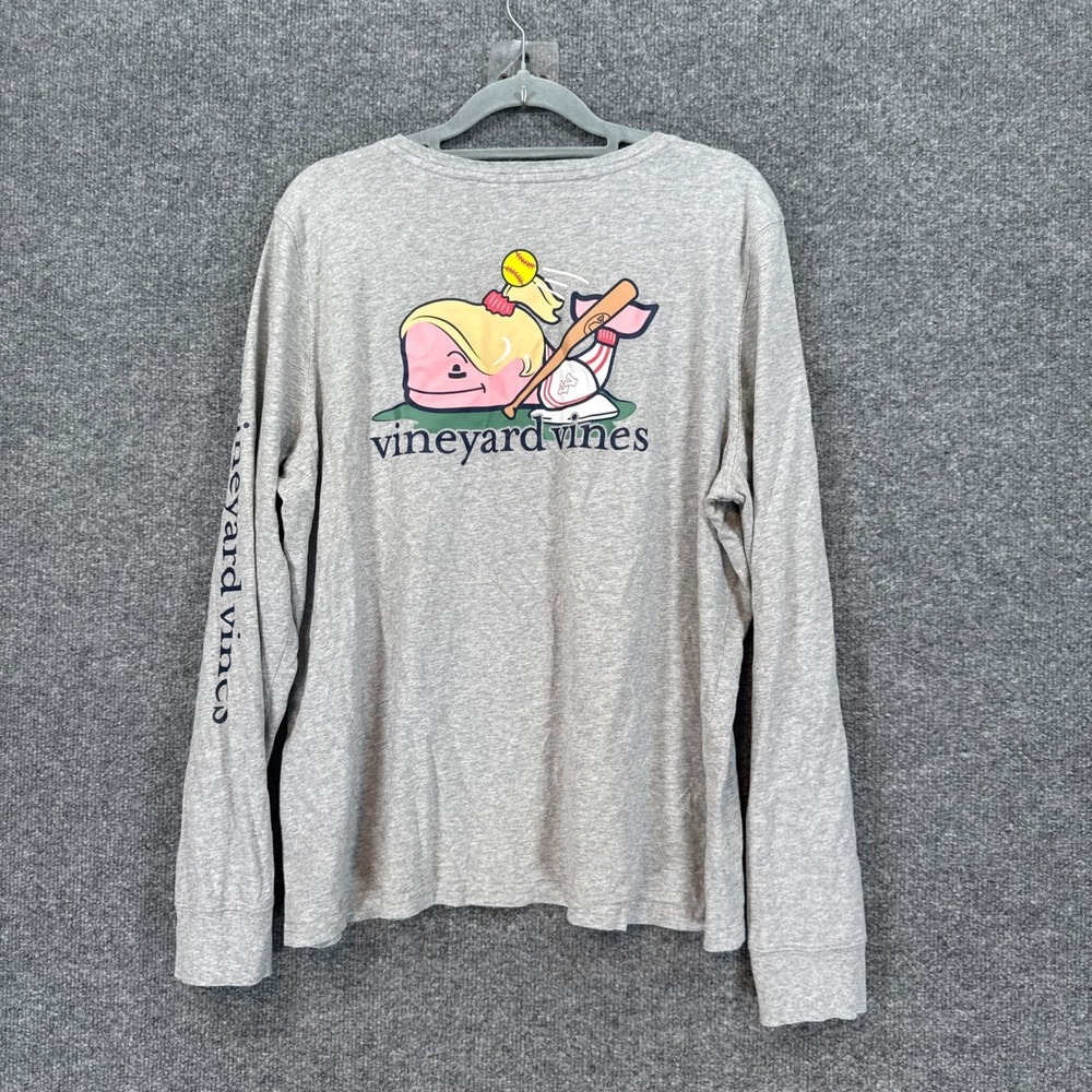Vineyard Vines Shirt Women XL Gray Softball Whale Graphic Tee Cotton Long Sleeve